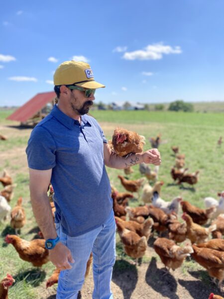 Man holding a chicken on his arm while surrounded by free-range chickens in a sunny farm setting, showcasing sustainable farming practices and animal husbandry.