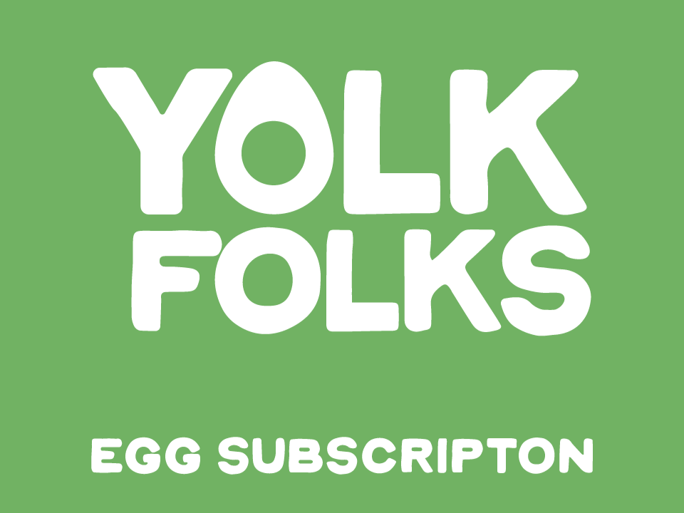 yf_b2d Yolk Folks egg subscription service logo on a green background, featuring bold white text promoting fresh, convenient egg deliveries.
